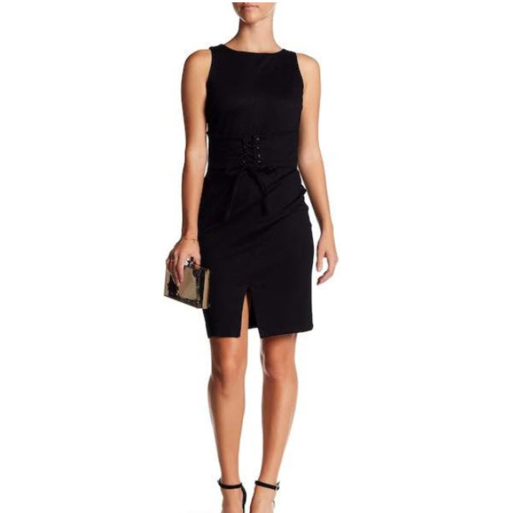 Love...Ady Lace-Up Corset Ponte Sheath Dress Black